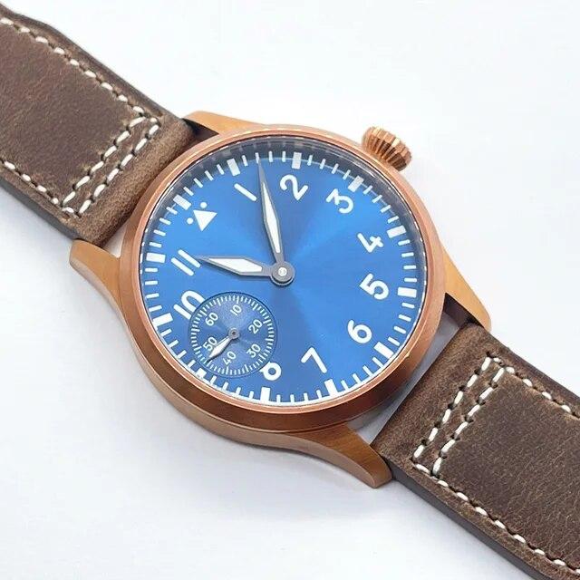 

42-міліметровий стерильний сапфіровий кристал, чорно-білий синьо-зелений циферблат, підходить для чоловічого годинника зі шкіряним ремінцем ETA 6497 з ручним заводом кавовий