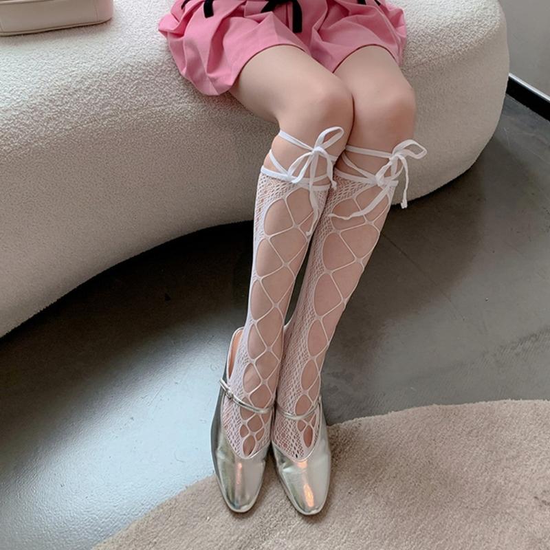 Openwork Lace Fishnet Knee Length Socks for Women with Bows Tie Detail, Slouch Fashion Legwear for Party Outfits and Daily Looks