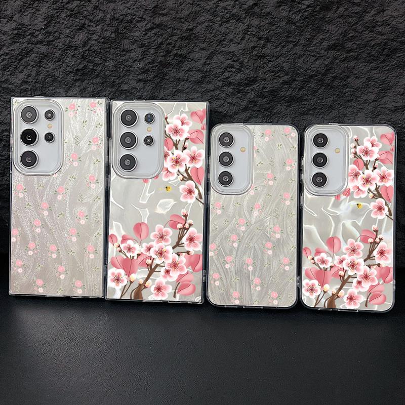 Motif Floral Pailleté Étui Arrière Slim Rigide en PC Pour Samsung S25 Ultra S24 FE S23 A36 A56 A16 A55 Plume Étincelant Antichoc Bord Souple TPU Coque de Téléphone