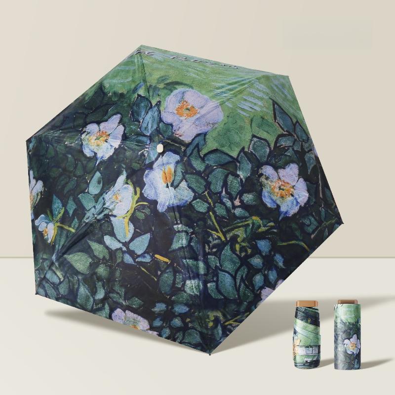 Mini Flat Pocket Umbrella Oil Painting Flower Anti UV Sunscreen Compact Folding Parasol