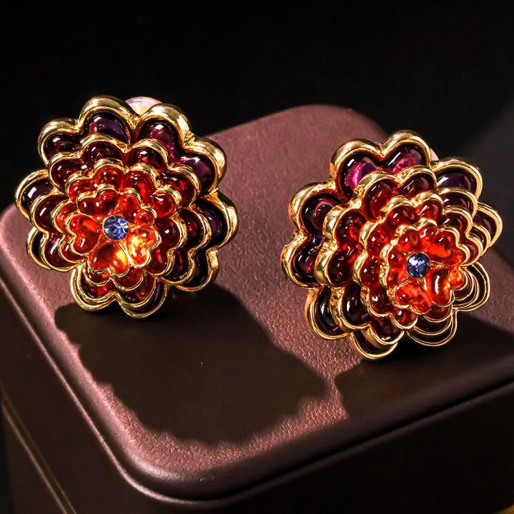 Vintage Retro Multi-Layer Red Flower Stud Earrings - Elegant Commuter Style