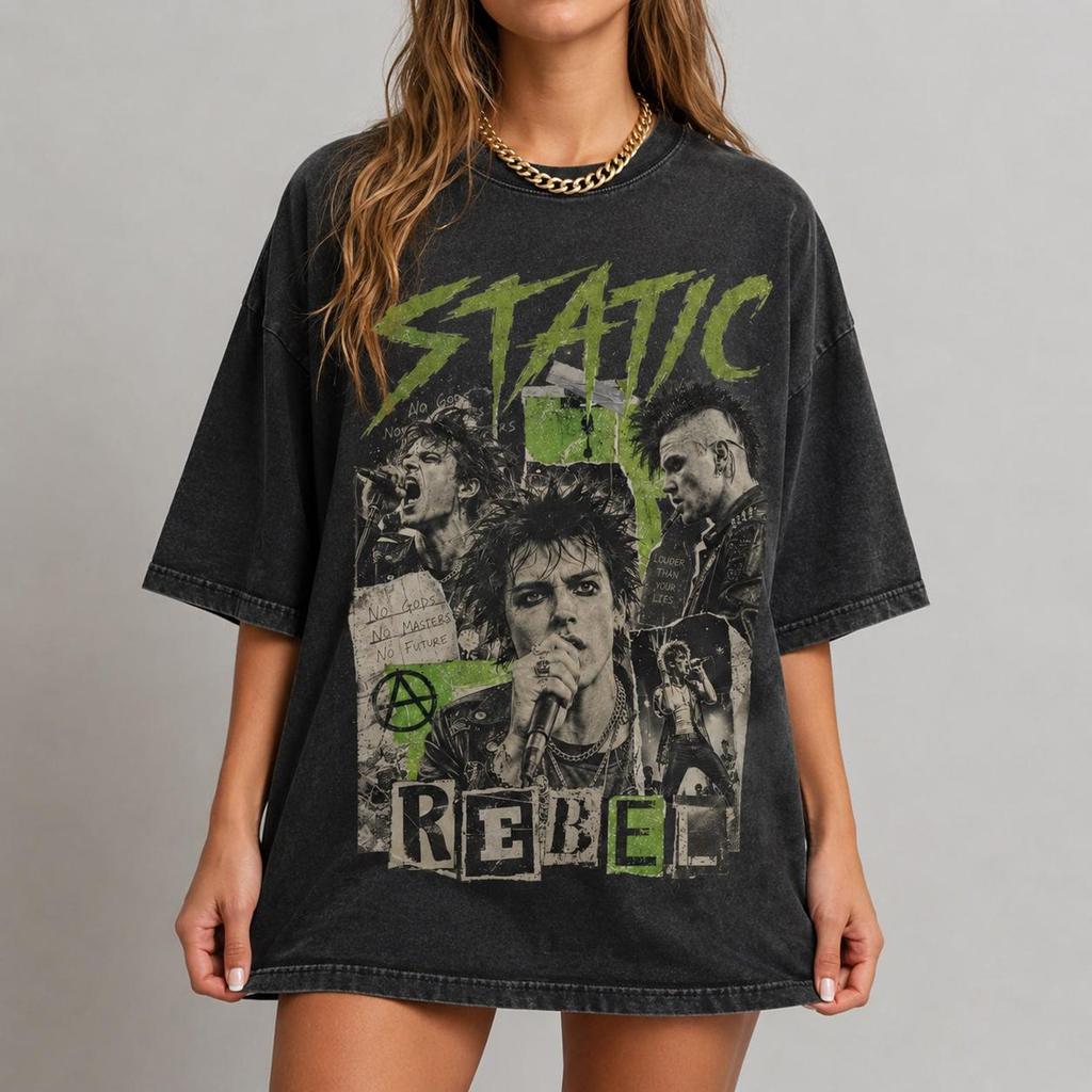 Static Rebel Punk Rock Graphic Tee, Vintage Grunge Music Collage Shirt