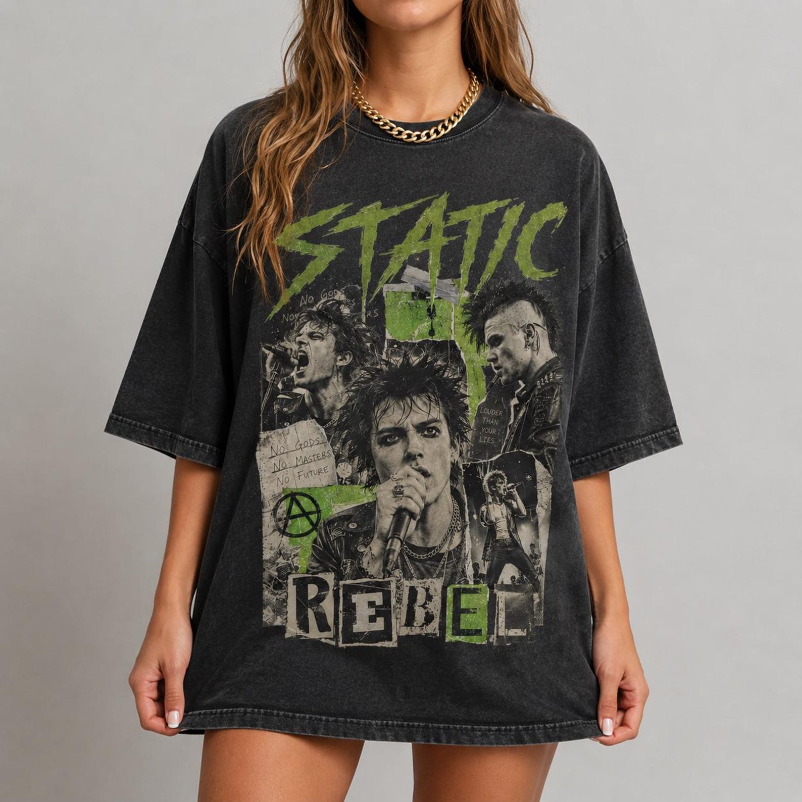 Static Rebel Punk Rock Graphic Tee, Vintage Grunge Music Collage Shirt 2XL