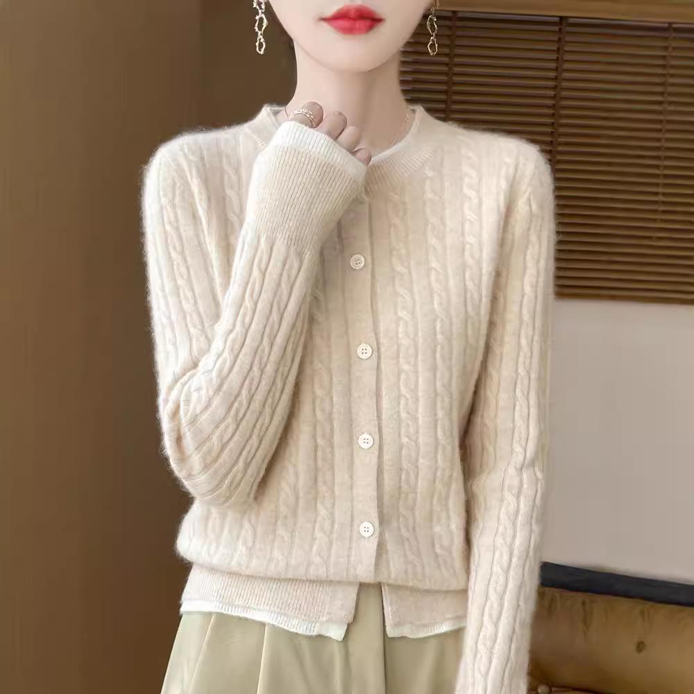 100% Pure Wool Cable Knit Cardigan – Commuter Style Two-Piece Women's Jacket
