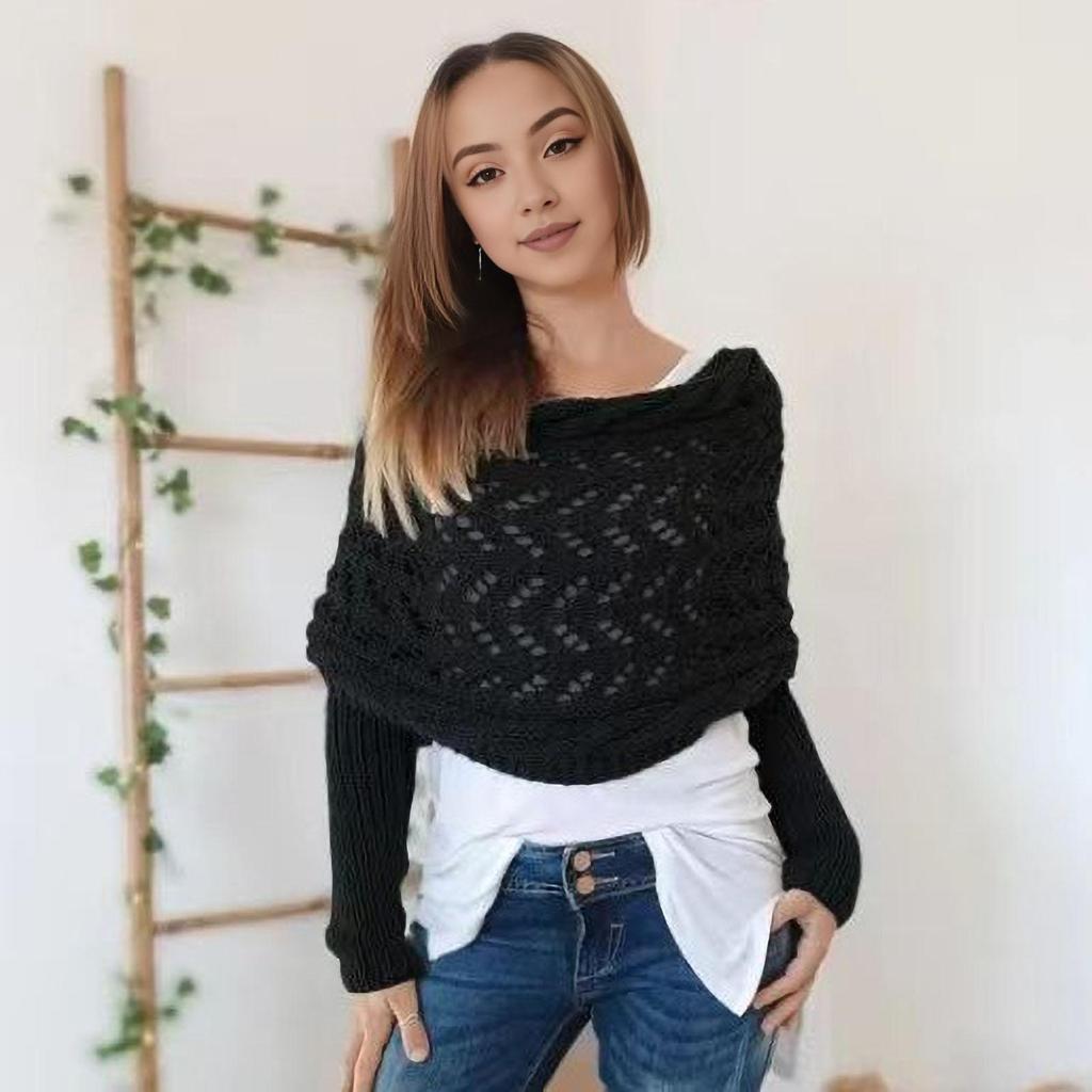 Bufanda tipo chal de punto con mangas, de color liso, con patrón de crochet, estilo bohemio, para mujer