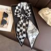 Vintage checkerboard printing double-layer scarf decorative silk scarf commuting spring and summer diagonal hair scarf versatile thin streamer