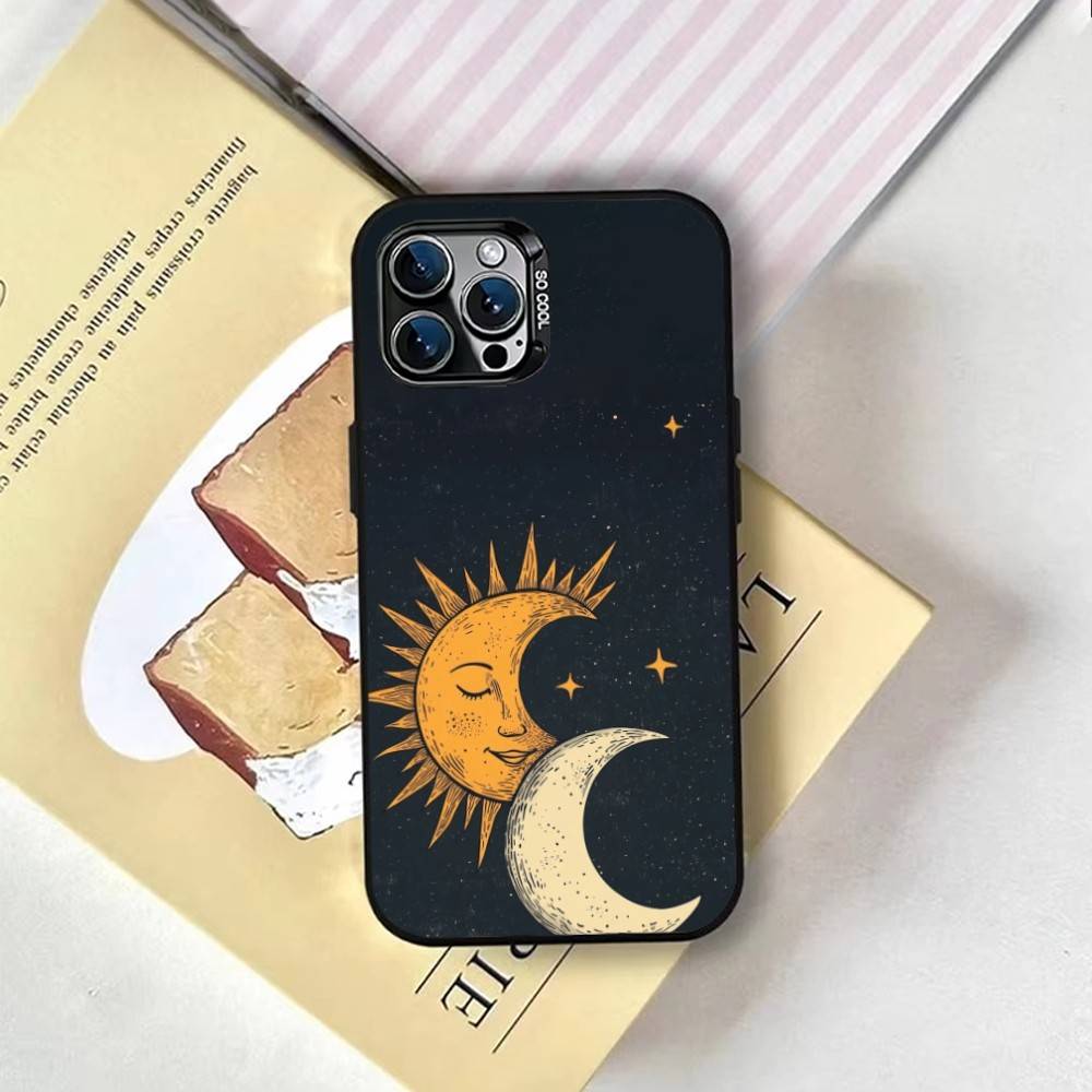 Sun Moon Phone Case For iPhone 17,16,15,14,13,12,11 Plus,Pro Max,XS,Colored Silver Plated Inside Cover