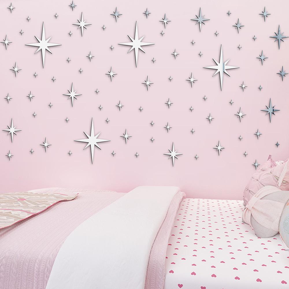3D Silver Star Acrylic Mirror Wall Stickers 82PCS Self-Adhesive Reflective Wall Decal For Bedroom Living Room DIY Home Decor