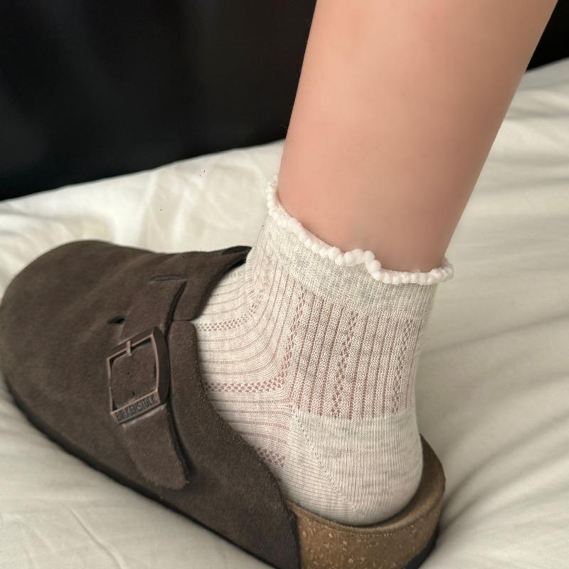 White Mesh Stockings - Summer Lightweight Lace Mid-calf Socks Without Bones - Postpartum Stockings with Low Heel and Shallow Opening