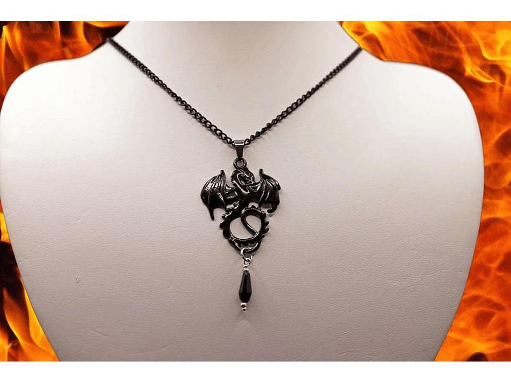 Collana con Ciondolo Drago Nero Gotico Vittoriano - Gioielli in Cristallo Fantasy
