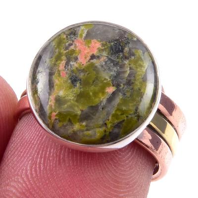 Natürlicher Unakit Edelstein Handgefertigt 925 Sterling Silber Zweifarbig Ring Größe 6 F0H07