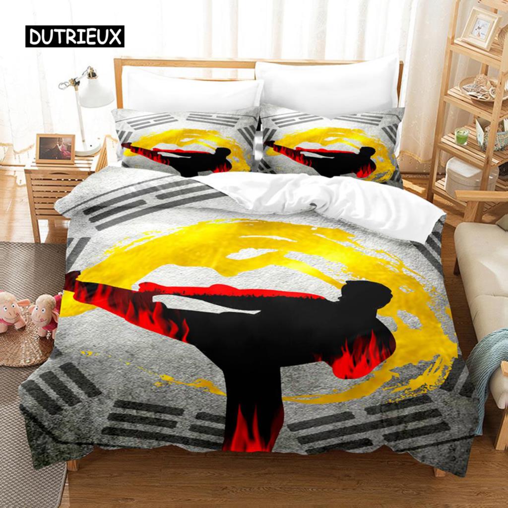 Kung Fu Duvet Cover Set King Size Sunset Martial Art Men Silhouettes Bedding Set For Teen Boy Polyester Sports Theme Quilt Cover