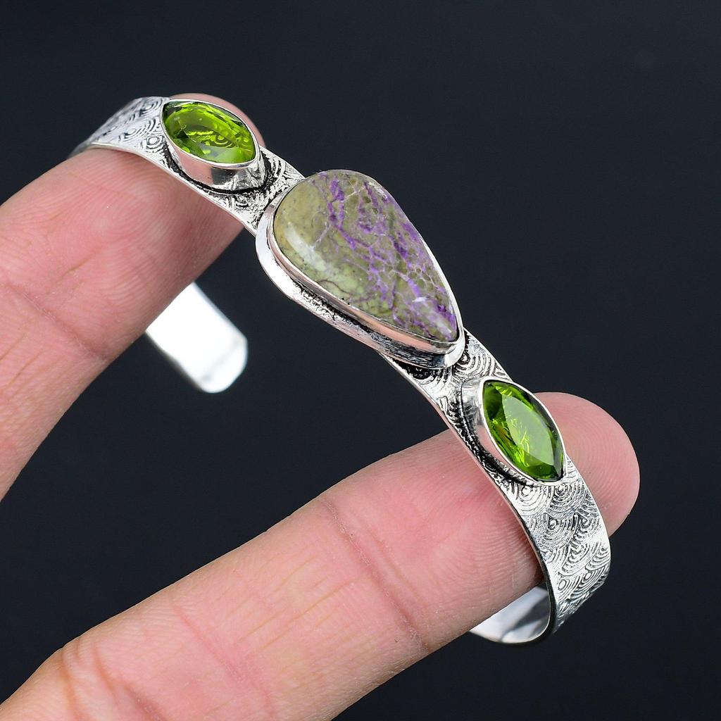 Friendship Day Sale Sterling Silver Purpurite Stone Peridot Boho Bangle Jewelry