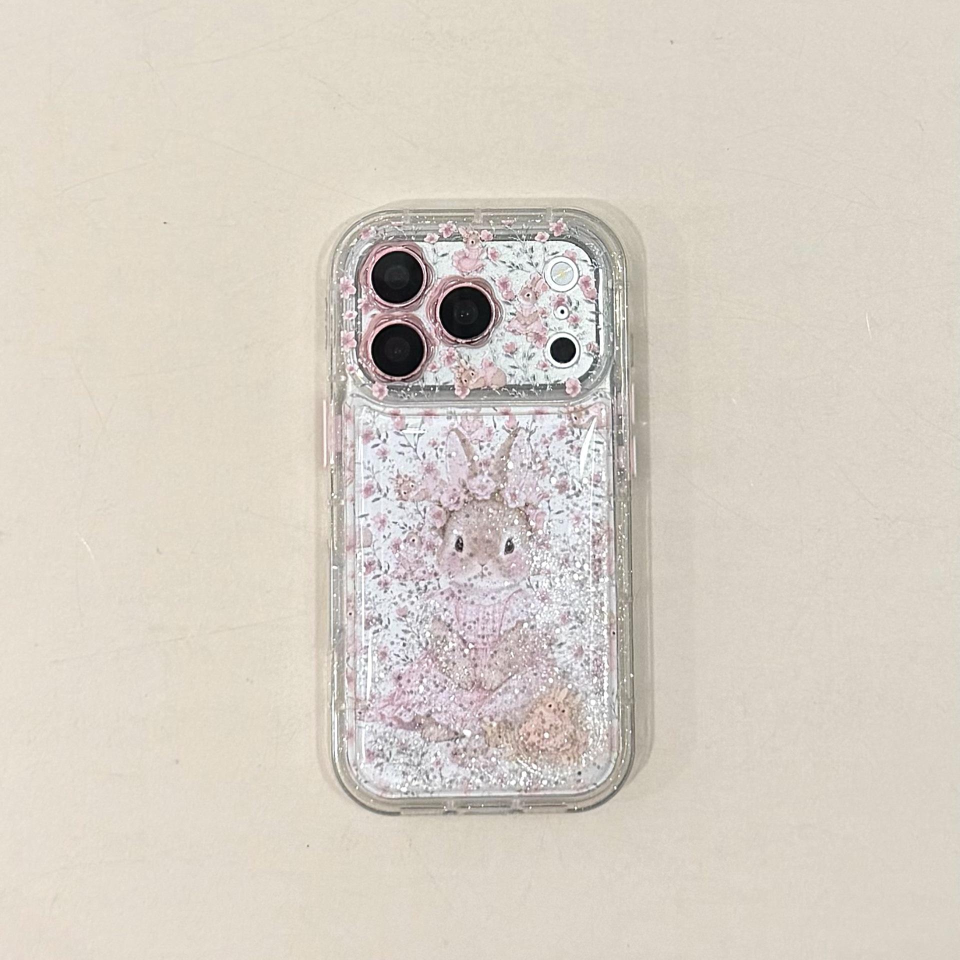 Floral Rabbit Quicksand Case for iPhone 15/16/17 Pro Max iPhone 14 Pro