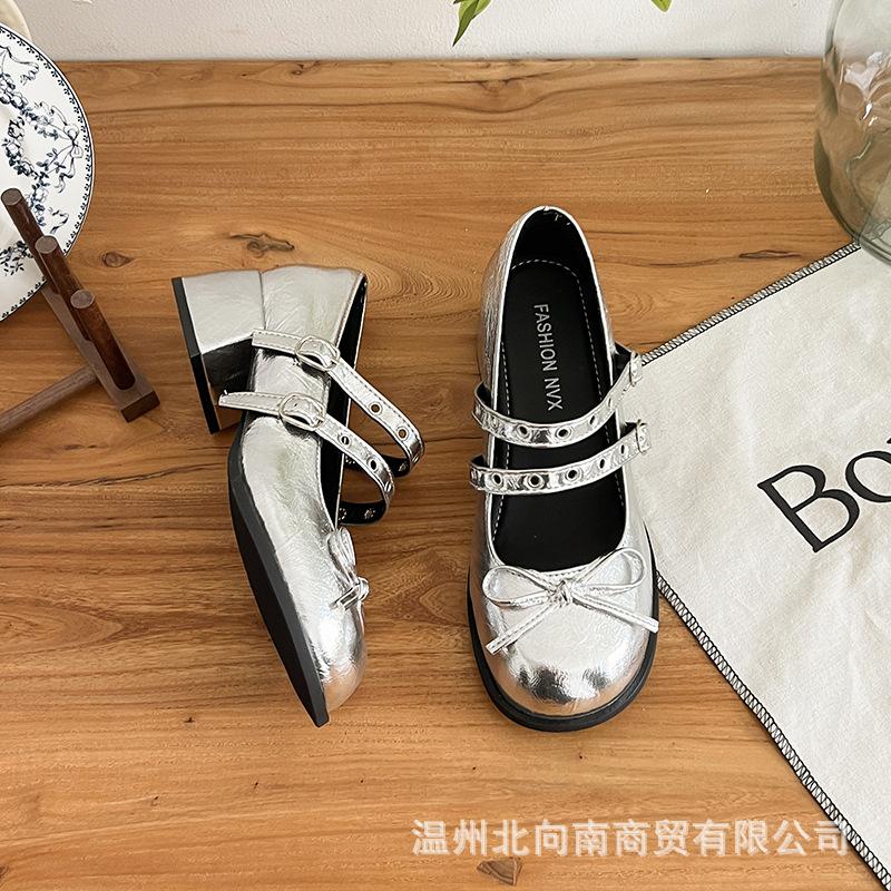 French Medium Thick Heel Silver Mary Jane Light Mouth Single Shoes Women's 2025 New Autumn and Summer with Skirt High Heels Small Leather Shoes