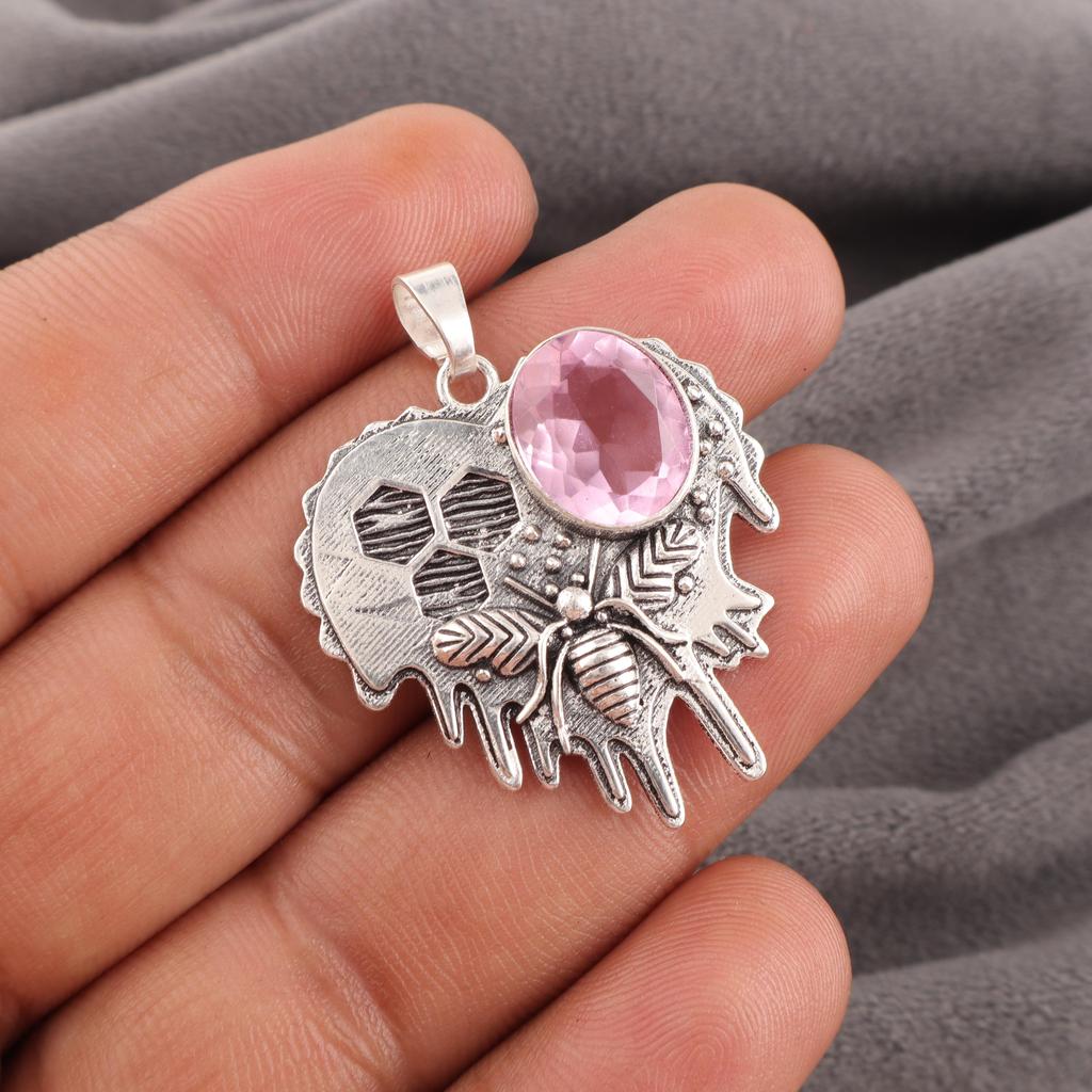 Morganite Pendant, Handmade Gemstone 925 Solid Sterling Silver Pendant Antique Jewelry, For Wedding Gift