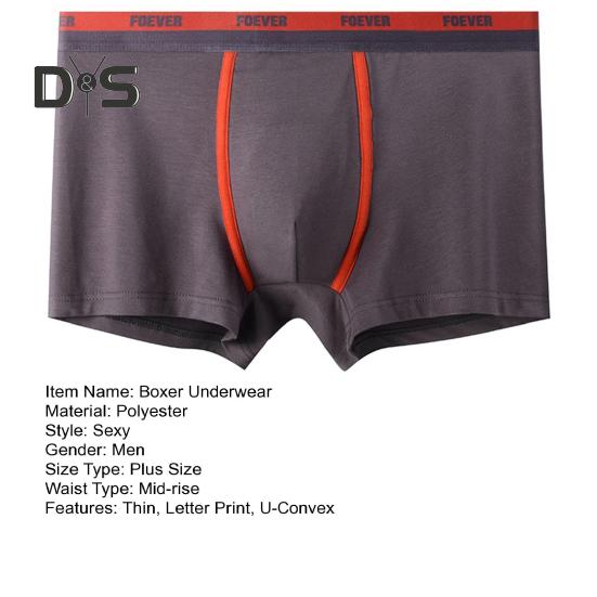 Men Boxer Underwear Mid-rise Elastic Waist Shorts Briefs Letter Print U-Convex Stretchy Panties Daily Wear