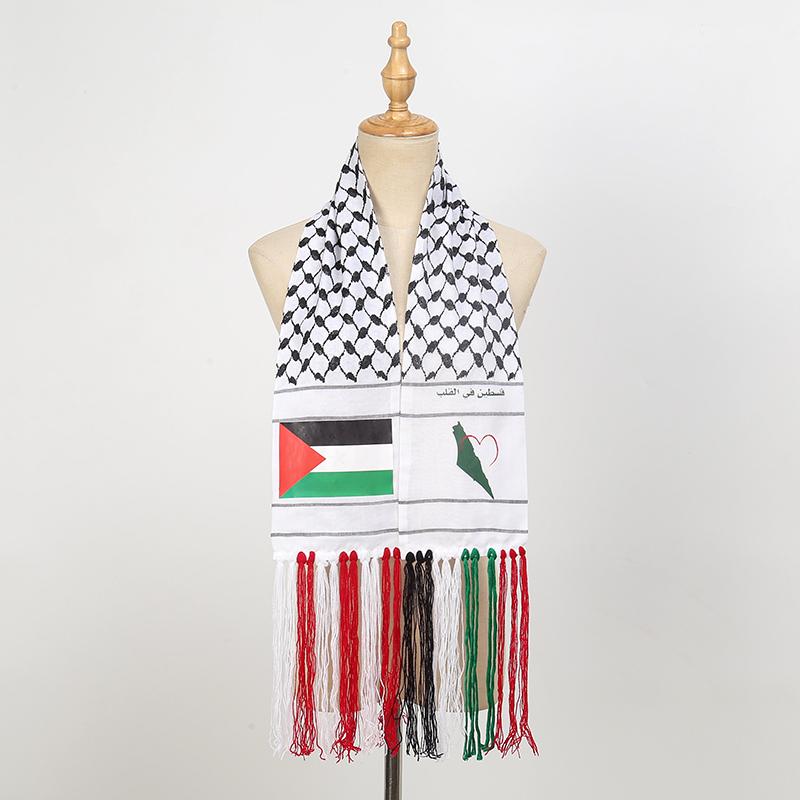 Sciarpa Araba Bianco Nero Frange Colorate Stole Sottili Lunghe Arabe Elementi Etnici Pareo Moda Unisex Foulard in Poliestere