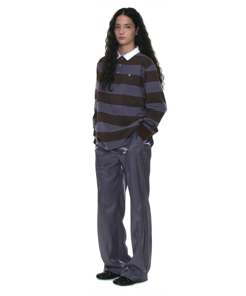 PARTIMENTO WOMEN Wide Stripe Long Sleeve Polo Tee_Brown