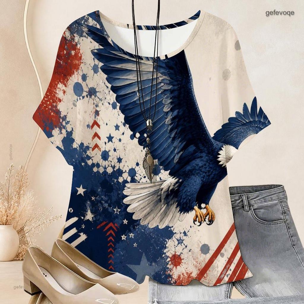 Women Plus Size Loose Batwing Sleeve Top Round Neck Colorful Heart Print Casual Short Sleeve Tunic Blouse