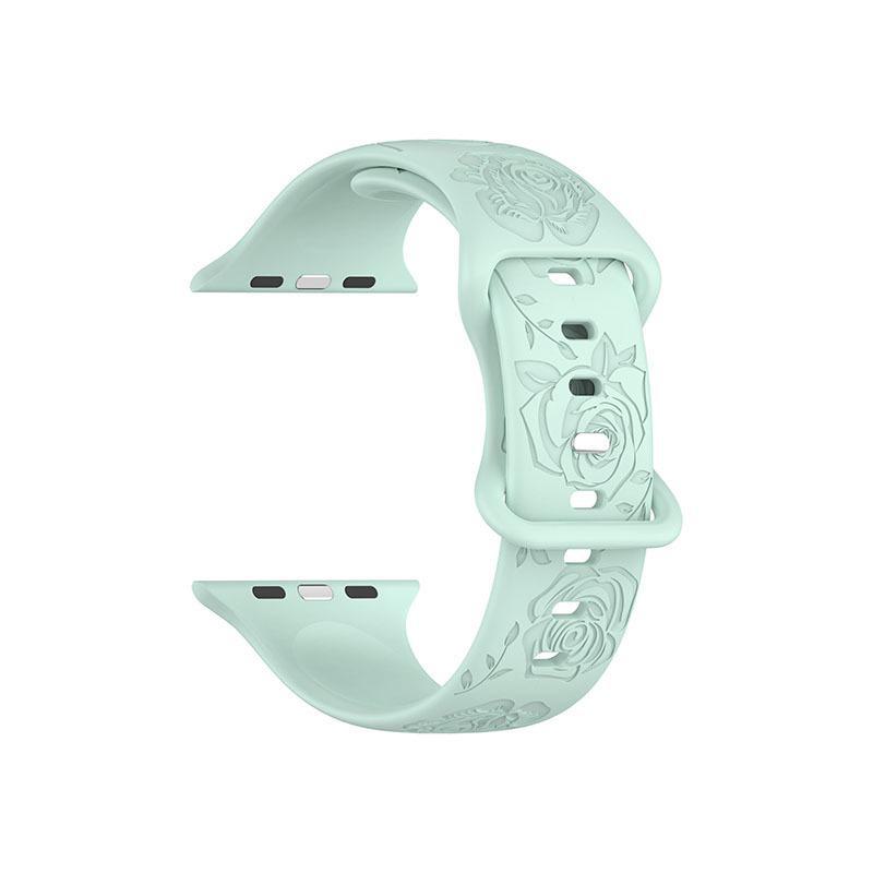 Apple Rose Pattern Silicone Watch Strap for 9th Gen Apple Watch, Laser Engraved Design with Eight-Shaped Buckle