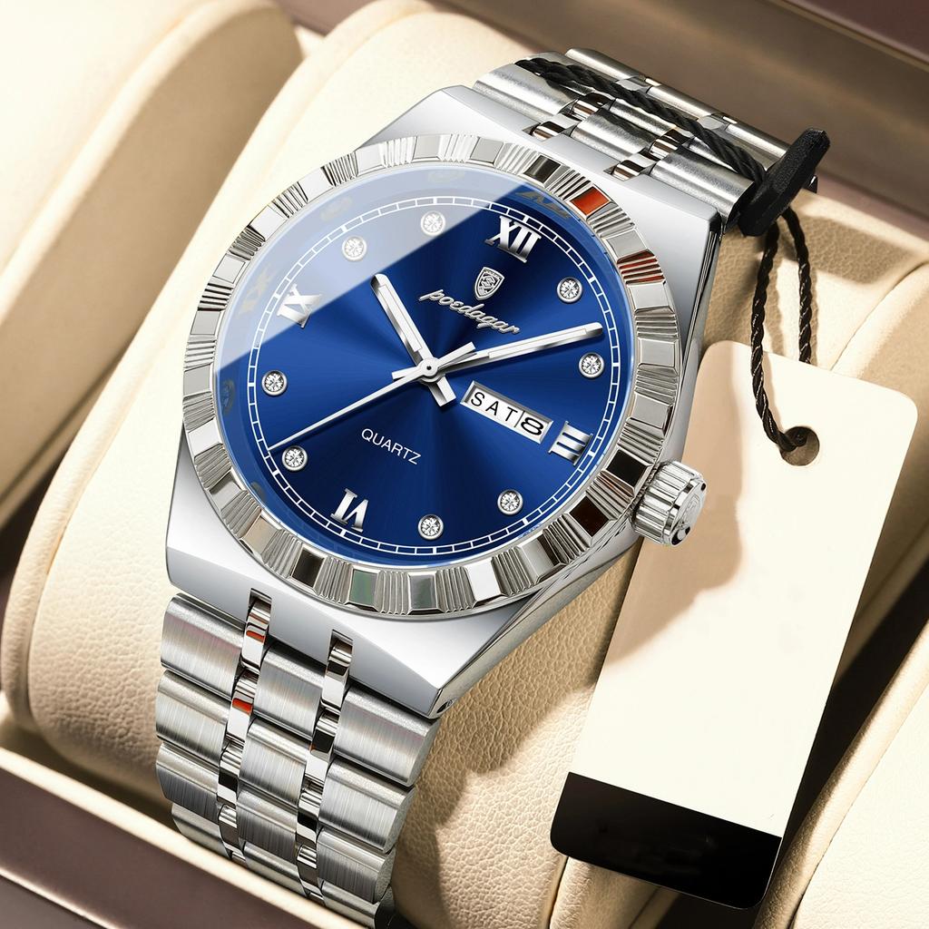 POEDAGAR Original Military Man Wristwatch Quartz Week Date Watch For Men Waterproof Luminous Stainless Steel Men's Watches