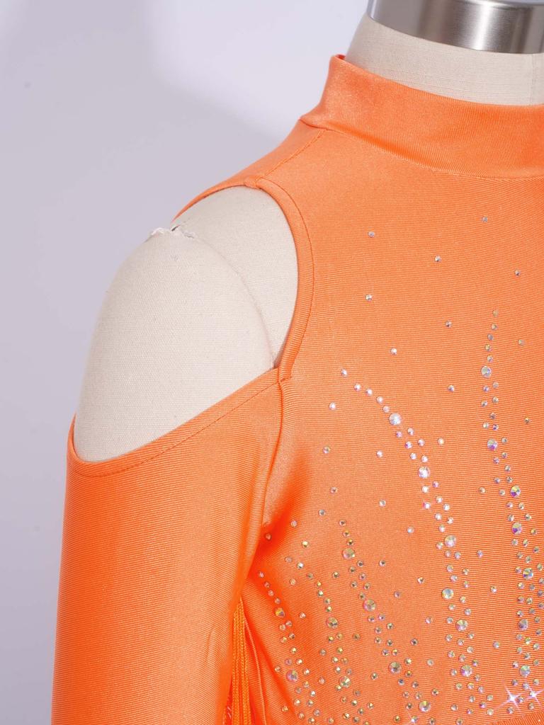 Girls Latin Dance Tops Tassels Long Sleeves Back Invisible Zipper Shiny Rhinestones Crop Top