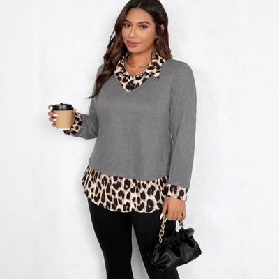 T-shirt da Donna a Maniche Lunghe con Patchwork Stampa Leopardo e Scollo a Revers, Nuova Collezione Primavera, Vestibilità Aderente, Strato Base