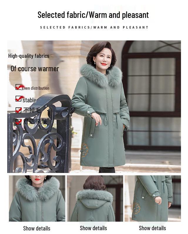 Mom's Mid-Length Autumn Winter Down Cotton Coat - New Style Plus Velvet for Middle-Aged & Elderly Women