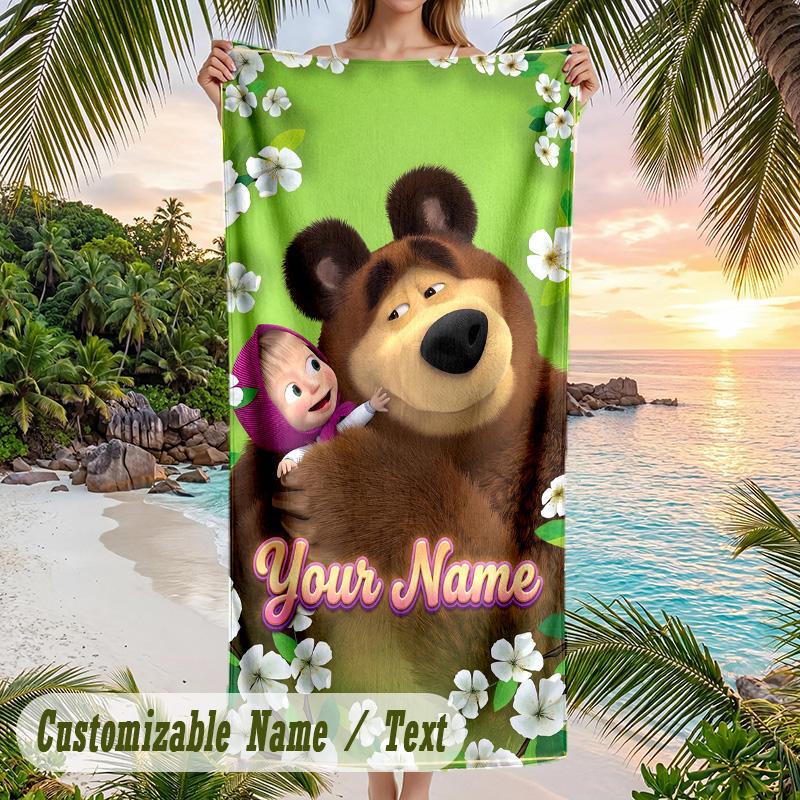 Masha and the Bear Beach Towel, Personalized Custom Text, Quick Dry Soft Large Towel For Swimming Pool Travel