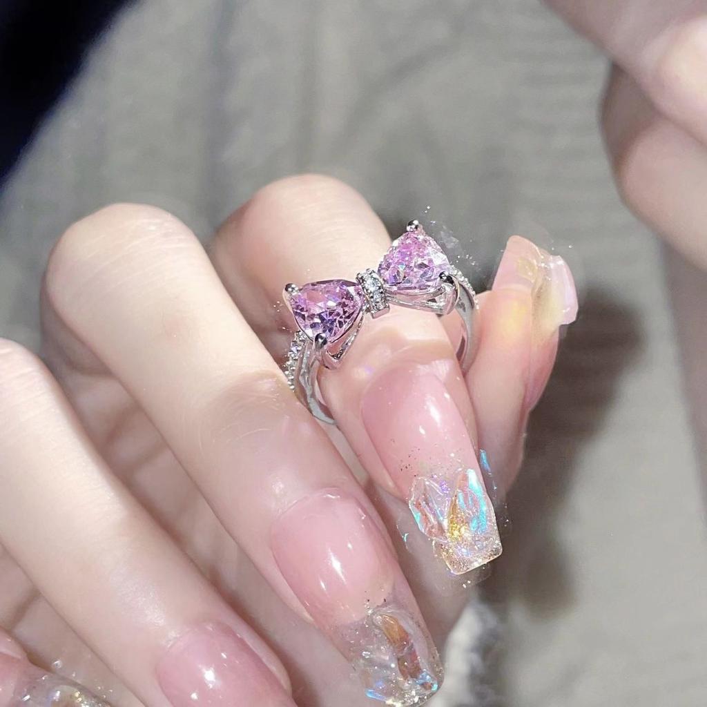 Love Pink Bow Open Ring Women's Pink Diamond Zircon French Exquisite Slightly Inlaid Sweet Girlfriend Ring