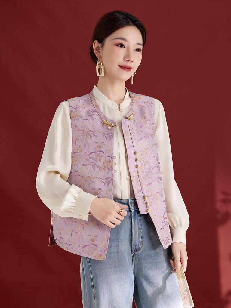 Elegant Jacquard Frog Button Mulberry Silk Vest - Women's 2025 Autumn Slimming Cardigan