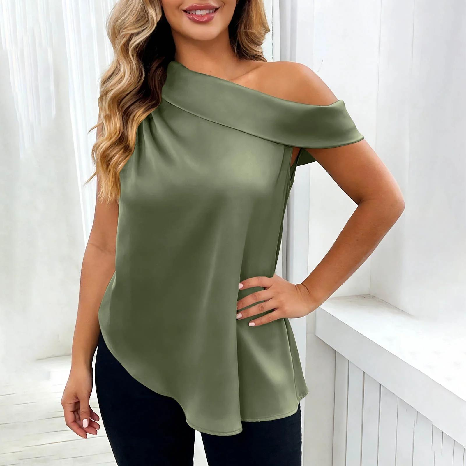 

Women’s Fashionable Casual Plain Off-the-Shoulder Satin Sleeveless Asymmetrical Hem T-Shirt Top XL