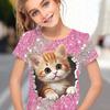 Ropa para Niños Camiseta de Niña Manga Corta Estampado de Gato de Dibujos Animados 3D Ropa de Verano para Niños Moda Ropa Linda para Niñas Poliéster Tops