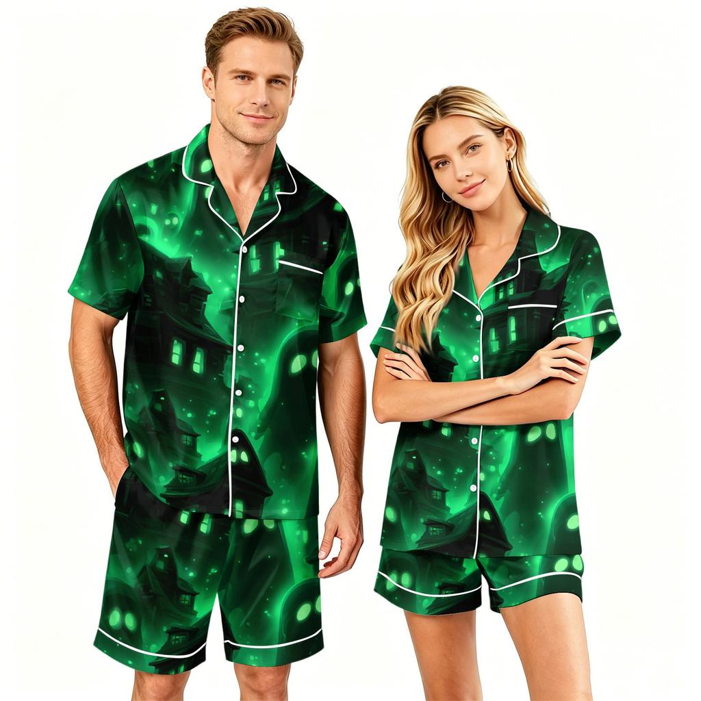 Couples Halloween Pajama Set Short Sleeve Button Down Shirt and Shorts Soft Casual Sleepwear S to XXXXL Matching Loungewear