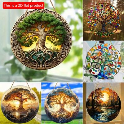 Dřevěný Strom života Suncatcher, 2D dřevěná kulatá cedule, průsvitná vitráž, zavěšení na okno, ideální dárky, obchod, pokoj, dům, zahradu, dekorace na dvůr