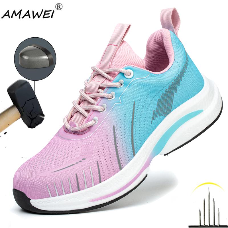 Fashion Women Safety Shoes For Work Boots Breathable Steel Toe Puncture Proof Sport Work Sneakers Anti-slip Security Boots