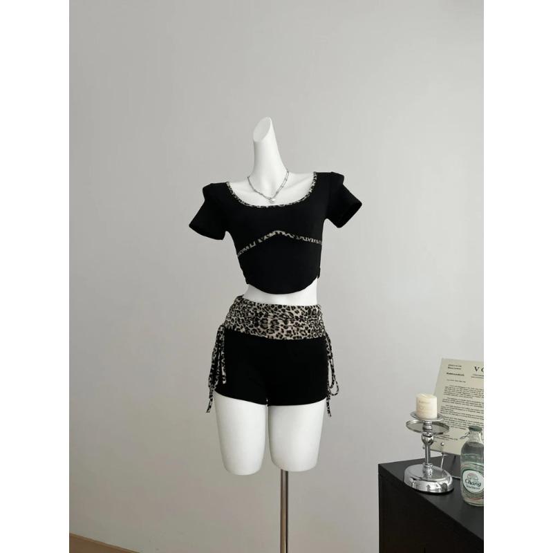 Vintage Sexy Bodycon 2dílné sady kalhot 2024 Letní Y2k Crop Tops + neformální streetwear Žhavé leopardí šortky Korejská móda
