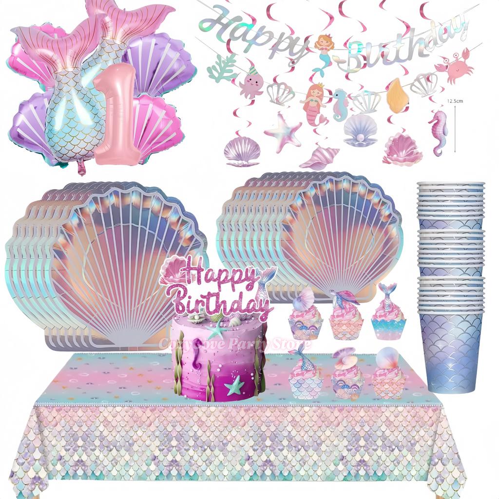 Mermaid Birthday Party Decoration Tableware Set Gradient Mermaid Plates Cups Napkins Balloons For Kids Girls Party Favors Gifts