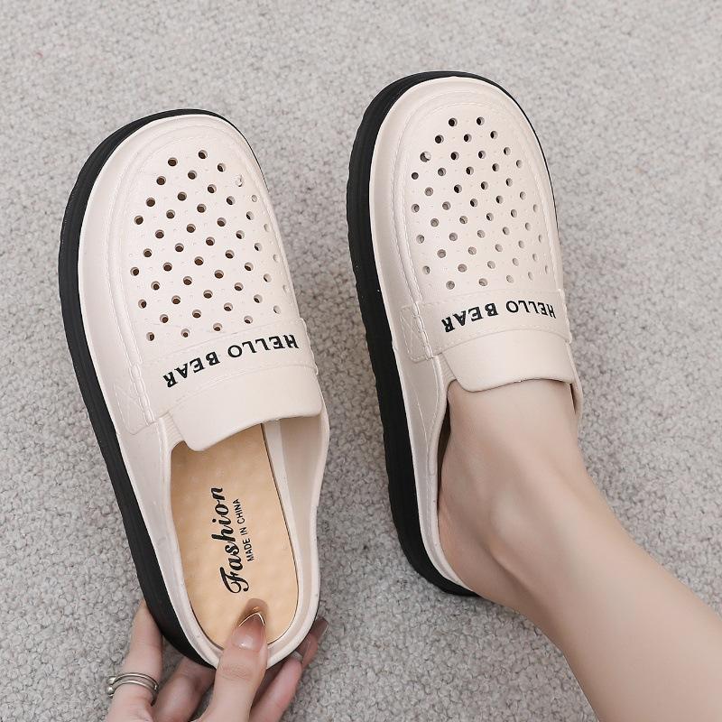 נעלי בית מבד דמוי עור, מונעות החלקה, עם סוליה עבה, לנשים בגיל הביניים: עקב בינוני ולבוש חוץ