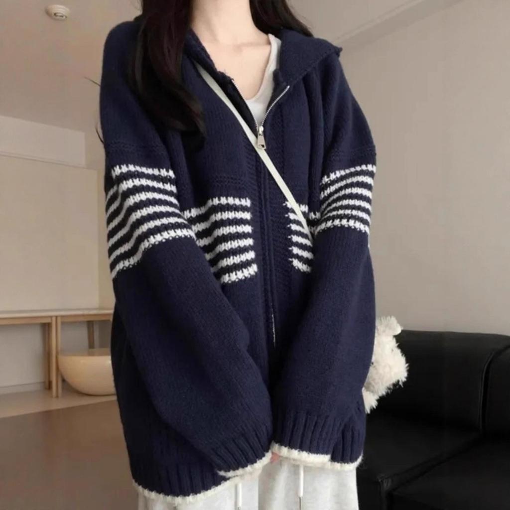 Hong Kong Chic Striped Hooded Cardigan for Women - Autumn/Winter Loose Knit Sweater Coat