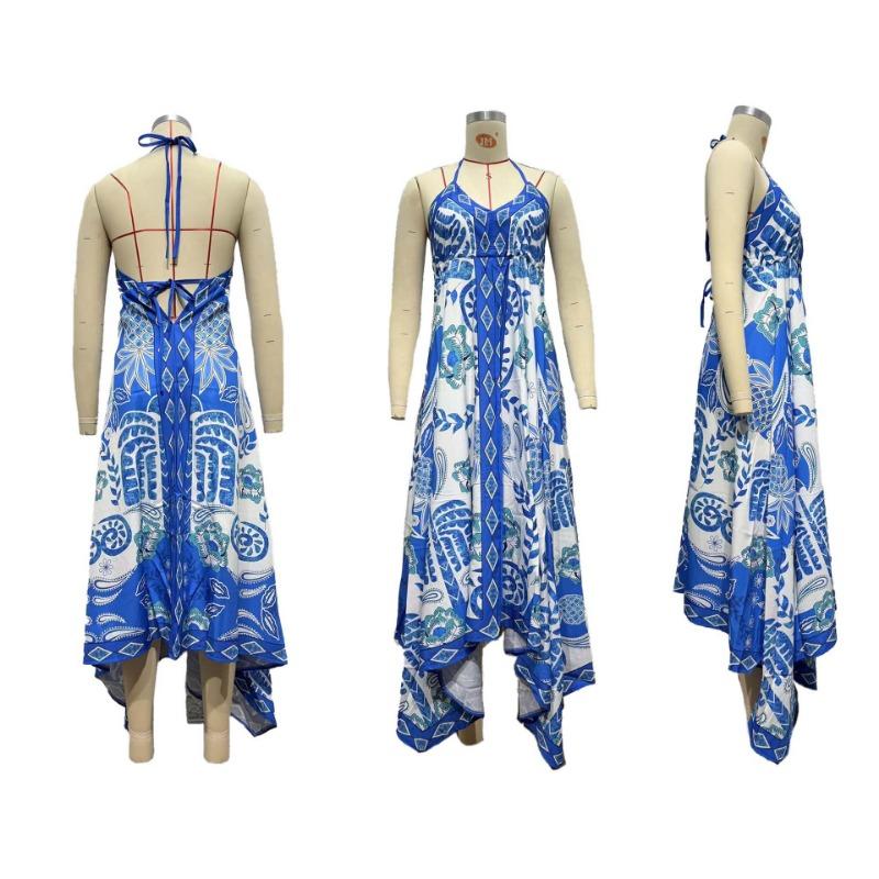 Summer off-shoulder V-neck women's suspender printed long dress for women
