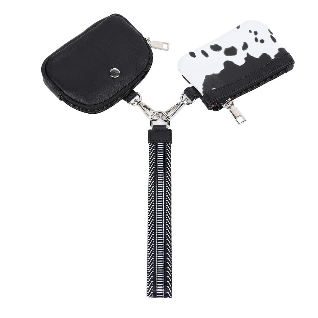 Mini Zip Wristlet Wallet Water Resistant Detachable Fashionable Dual Pouch Coin Purse Keychain for Cards Cash Coin Keys Cosmetics Cows Black White