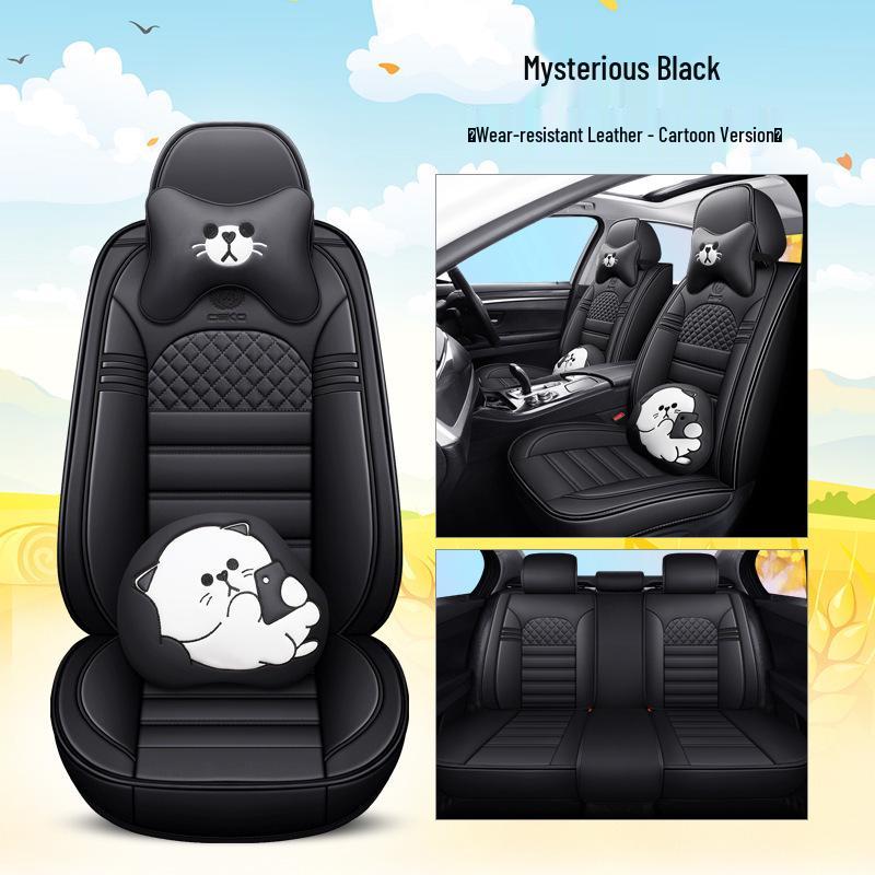 Four Seasons Universal Cartoon Leather Car Seat Cover - Odorless, Full Surround, for Five-Seat Cars.