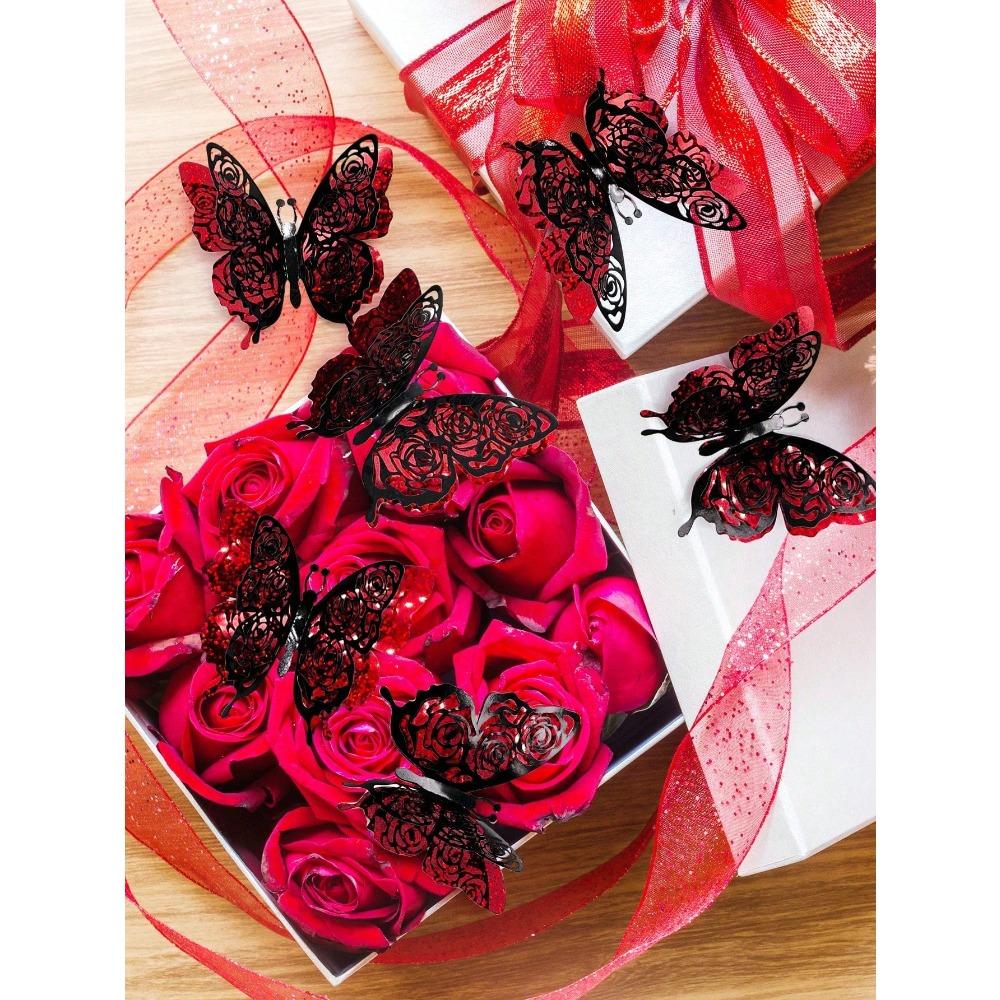 6pcs/Set Valentine's Day Collection Double Layered & 3d Design Butterfly Stickers With Shiny Gold Decoration, Stickers, Wall Decal, Vinyl Decal