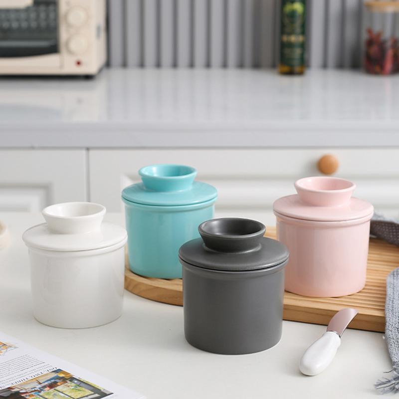 butter jar with lid Ceramic Butter Dish Handmade Big Capacity Butter Keeper Household use Cylindrical cheese butter Sealed can