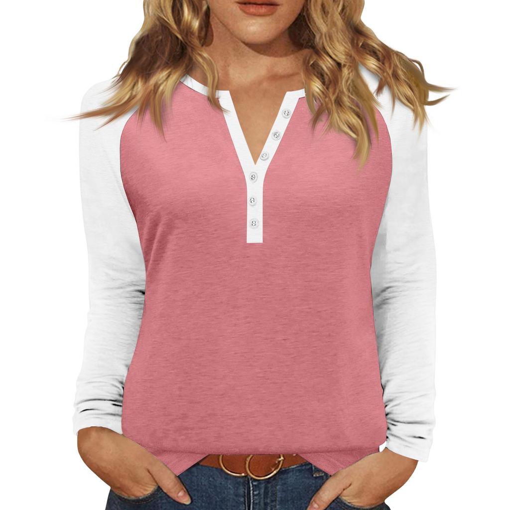 Women's T Shirt Color Block Button Long Sleeve Daily Weekend Fashion Basic V- Neck Regular Top