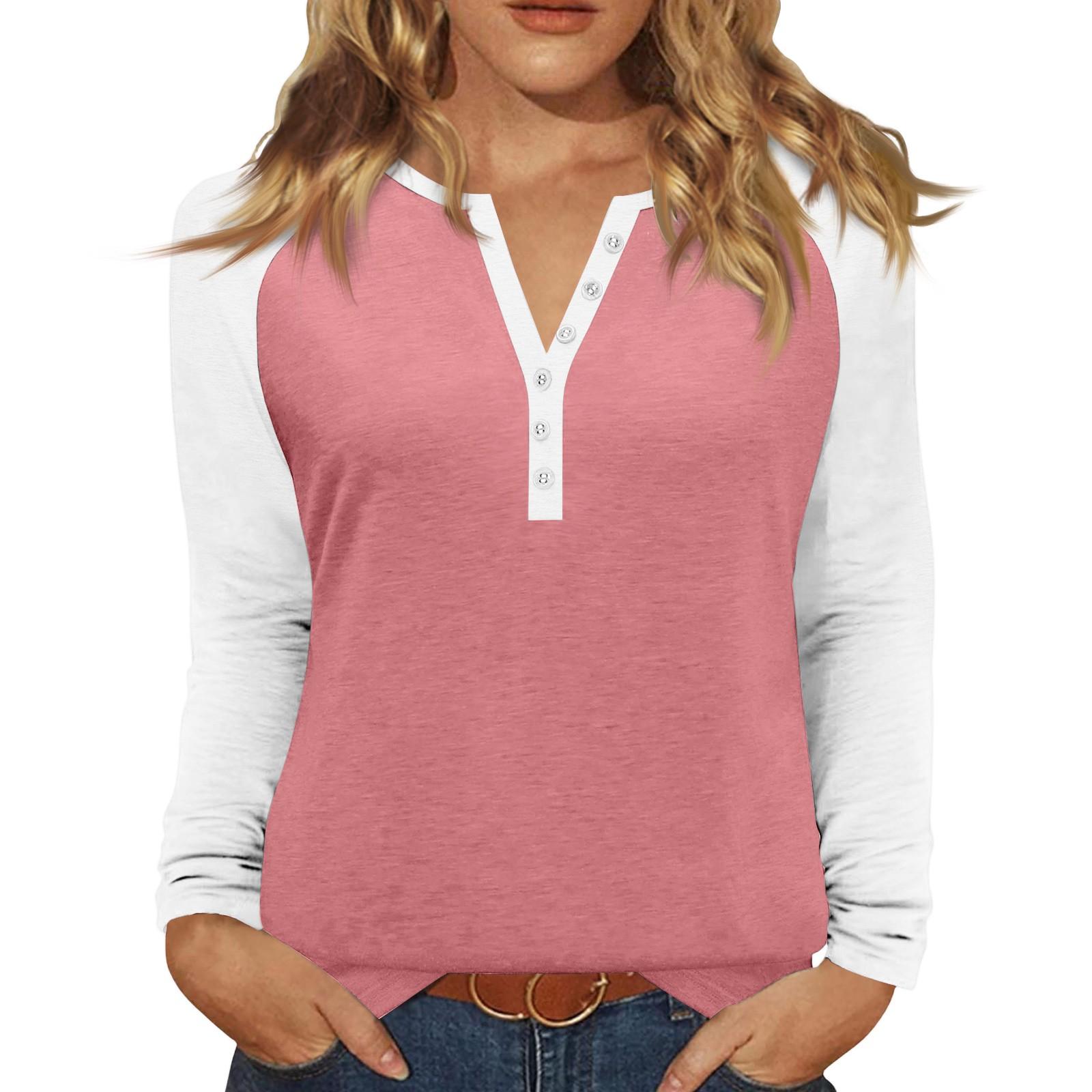 

Women s T Shirt Color Block Button Long Sleeve Daily Weekend Fashion Basic V- Neck Regular Top L