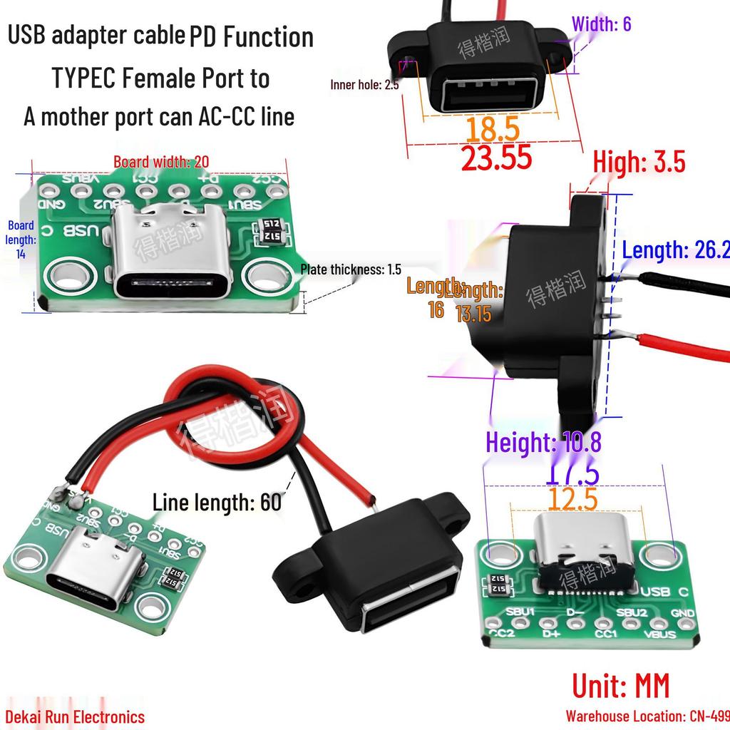 USB Type-C Female to USB-A Female Adapter Cable with PD Function