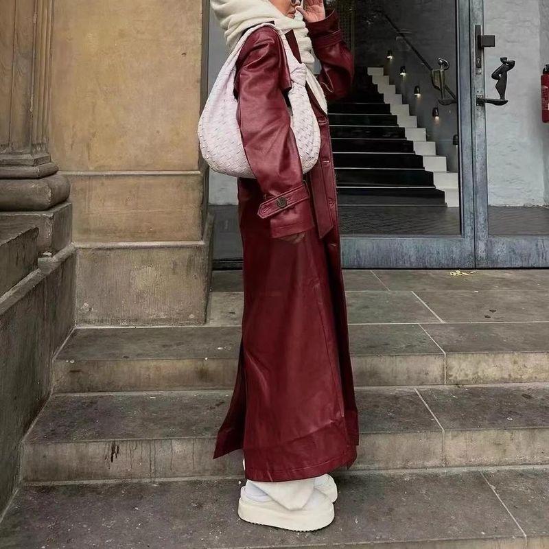 Fall and Winter New Women's Clothing Fashion Style Long Sleeves Lapel Loose with Belt Long Poly Urethane Leather Trench Coat Outwear
